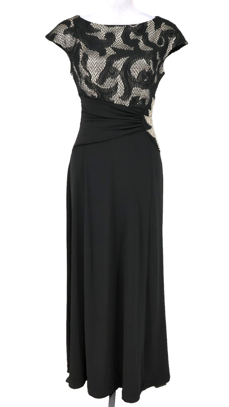 Sangria Gown Dress Womens 4 Black Mesh Beaded Top Ruched Zip Lined Party Formal
